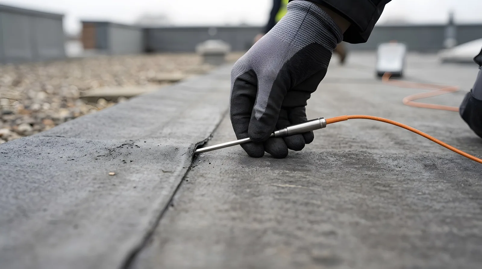 Technician probing a flat roof seam with a moisture-survey sensor